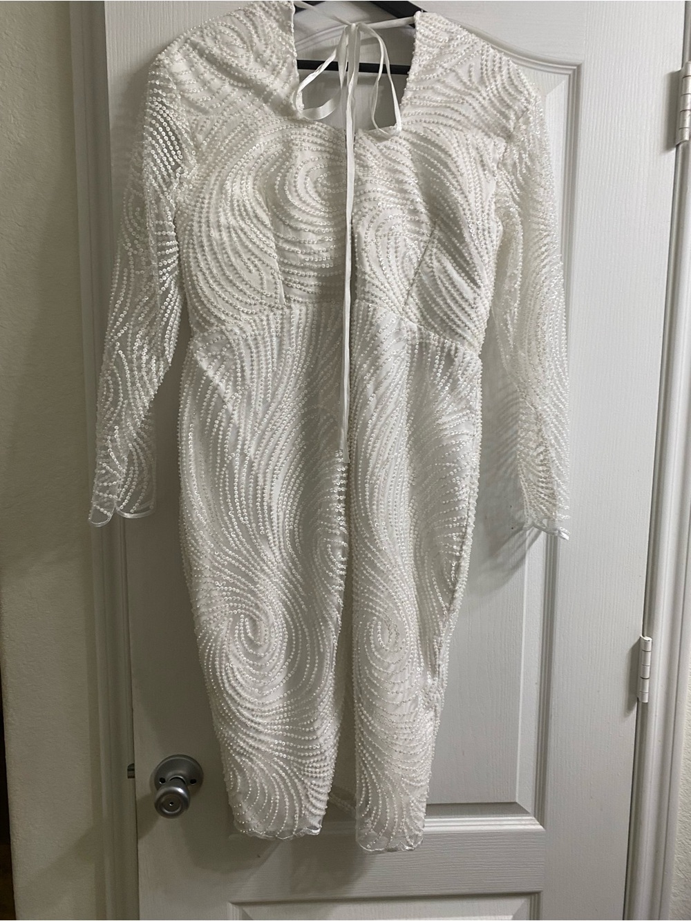 Vintage Elegant White Swirl Sequin Beaded Midi Formal Dress Long Sheer Sleeves M - Picture 14 of 16
